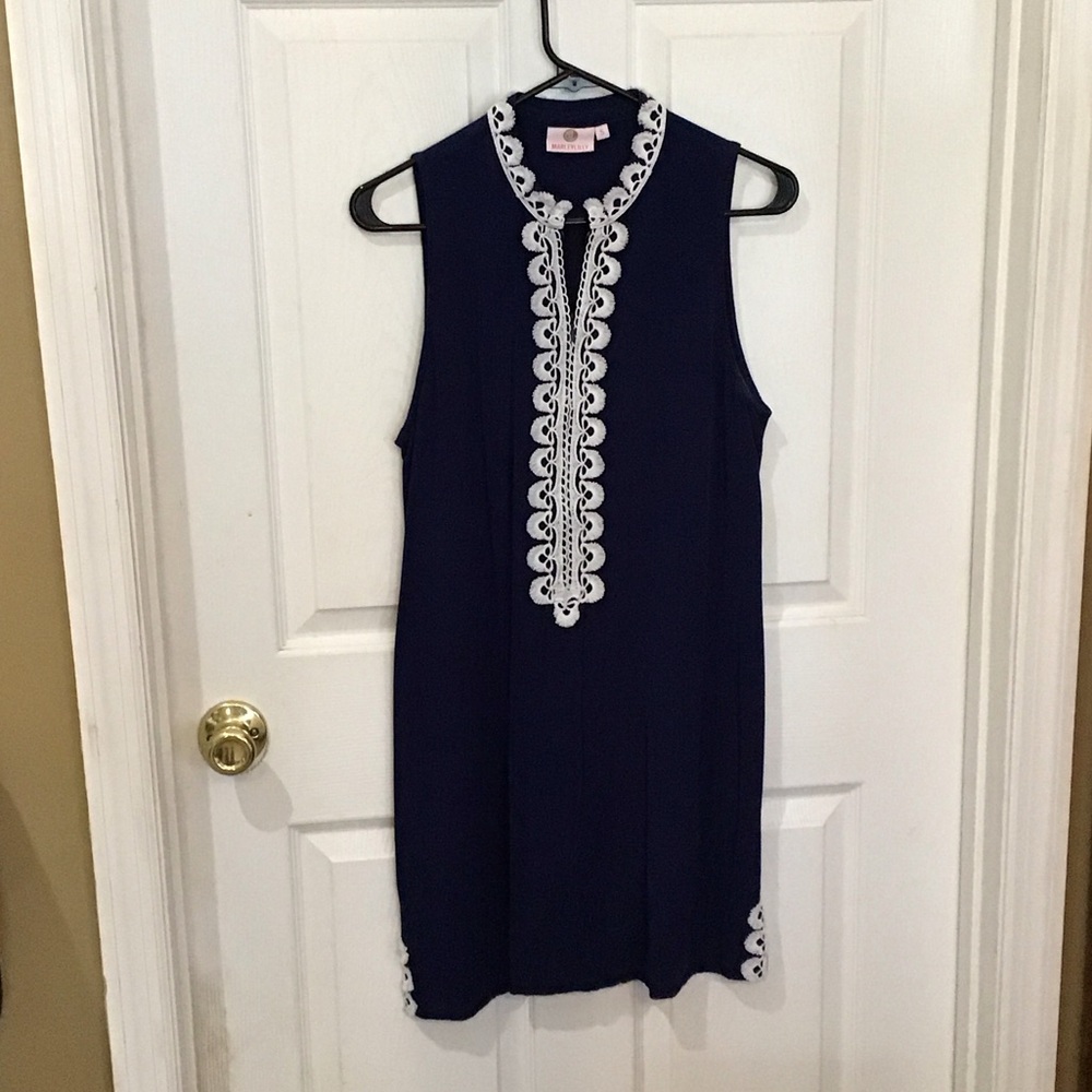 MarleyLily Navy Sleeveless Shift Dress with White Lace Trim
